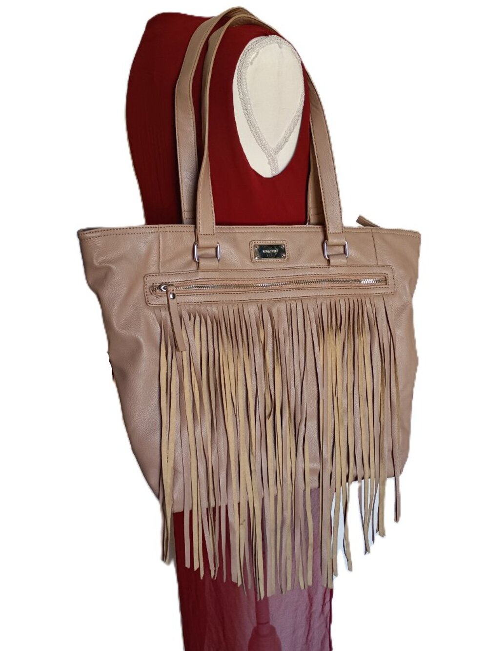 Nine West Fringed Tan Tote Bag Zip Closure Top Shoulder Straps Zip Front Pocket